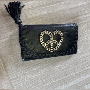 Betsey Johnson Genuine Leather wallet clutch with chain peace sign Vintage Y2K
